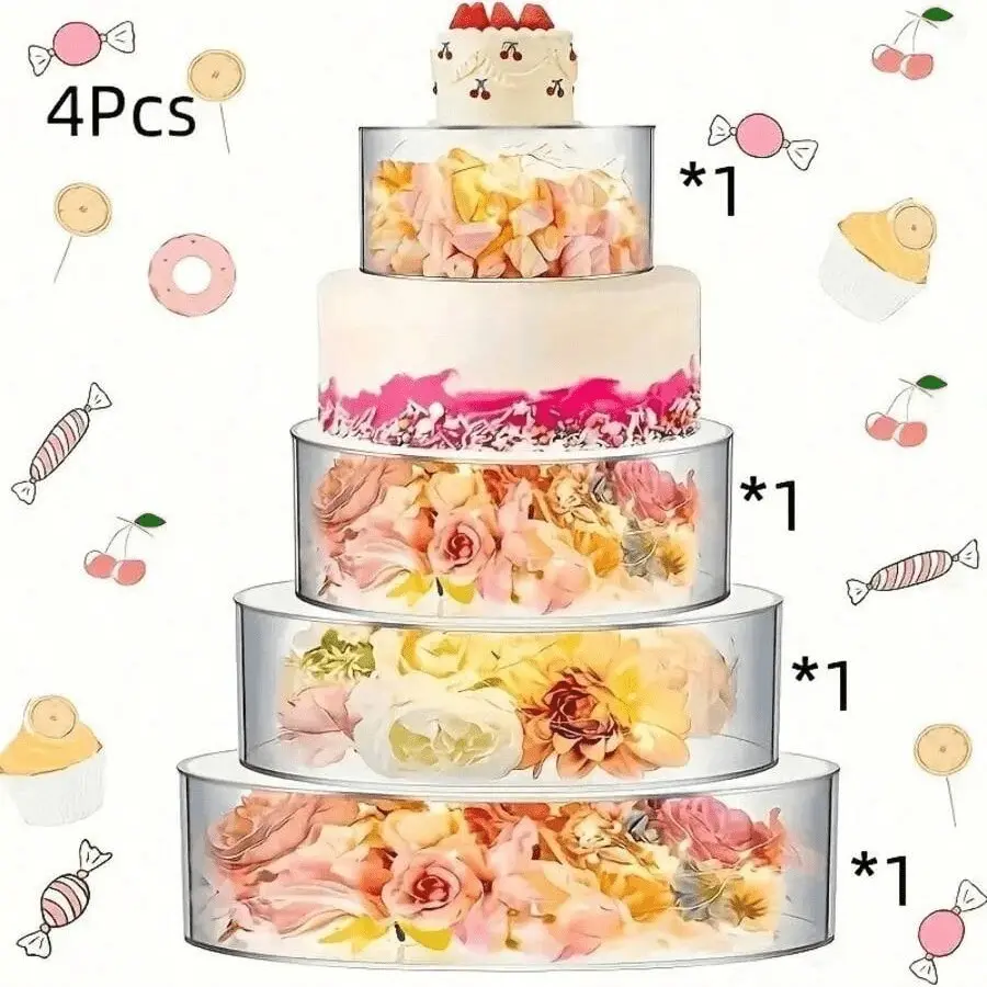 Set of 4 Transparent Fillable Cylindrical Acrylic Cake Stands, Stack‑able Clear Dessert Display Cylinders for Wedding Party Cupcakes