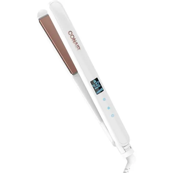 Conair Double Ceramic 1-Inch Flat Iron - 5 Digital Temp Settings Up to 410°F, Extra-Long Plates, Suitable for All Hair Types & Textures, White