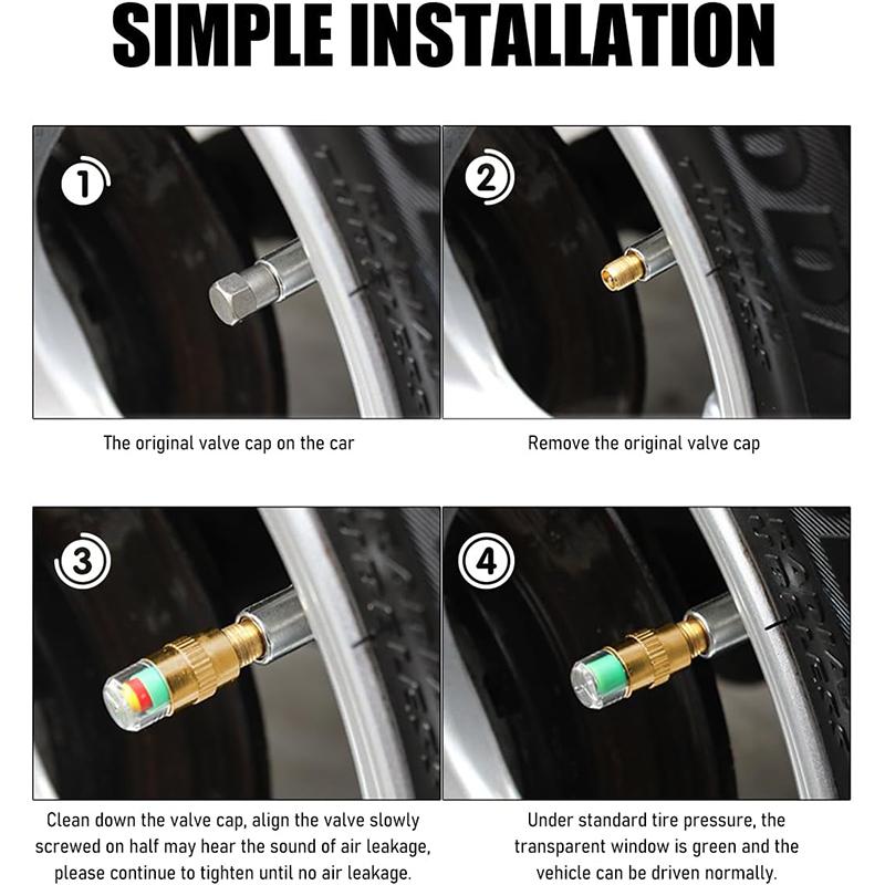 4Pcs Car Tire Pressure Monitor Valve Stem Caps Sensor Indicator 3 Color Eye Alert Pressure Monitor Tire Valve Stem Caps