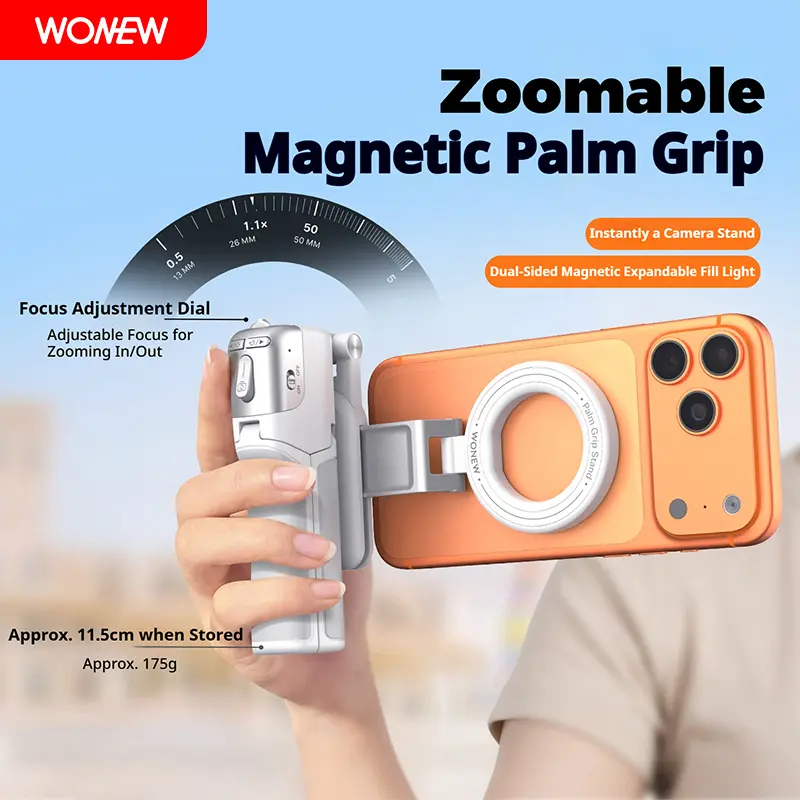 WONEW Z3 Series Zoomable Magnetic Palm Grip Mini Selfie Stick - Metal Alloy Universal Fit Magnetic Phone Mount with Focus Adjustment Dial, 360-Rotation Stand Tripod, Portable for Travel, Compatible with Smartphone, Phone Holder