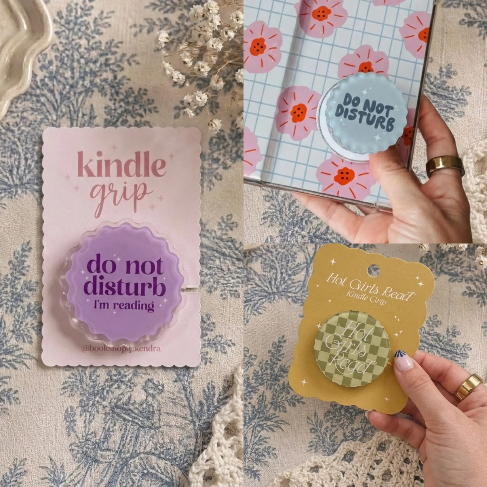 Book Lover Phone & E-reader Grip Set – 'Do Not Disturb' Aesthetic Pop Socket, 'Hot Girls Read' Checkered Phone Holder, Collapsible Accessory for Readers, Unique BookTok Gif