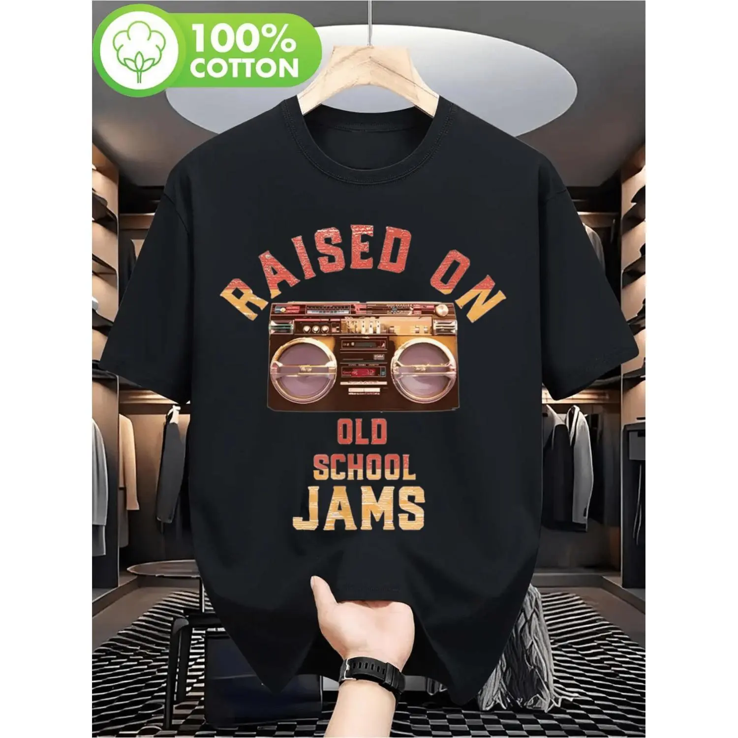 Men'S Retro 80s 90s Music T-Shirt | Raised on Old School Jams Boombox and Cassette Tape Graphic, Black Vintage Crew Neck Short Sleeve Tee, Soft Smooth Texture, Casual Wear and Themed Parties