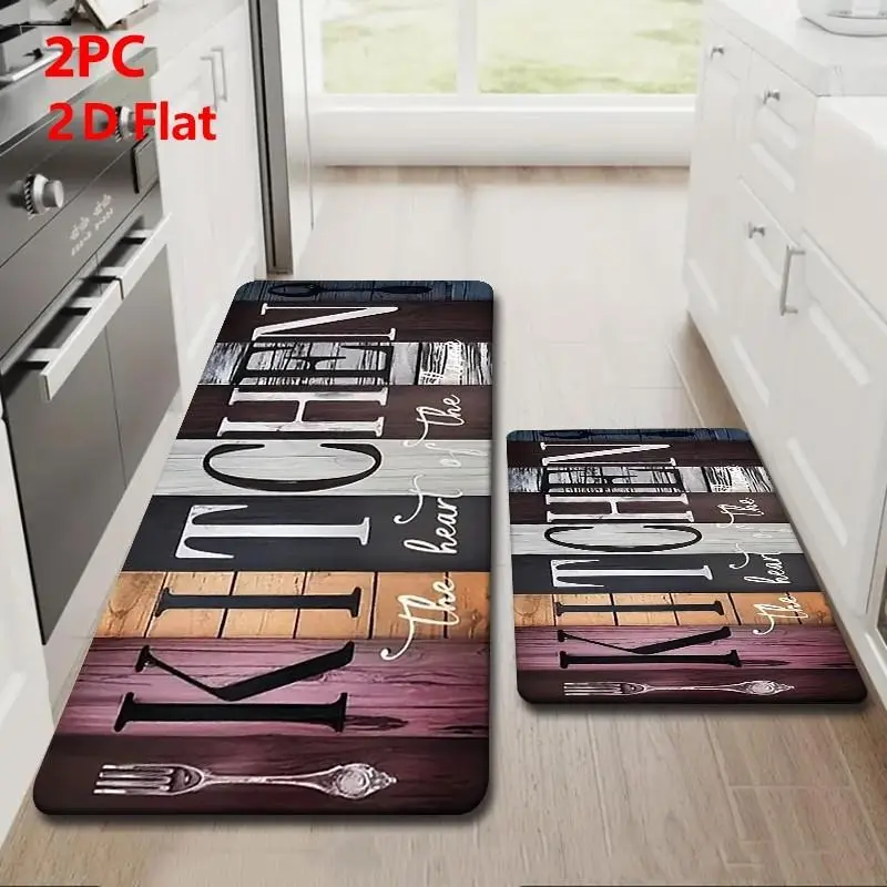 2pcs Flannel Kitchen Mat Set, Vintage Wood Grain, Large Kitchen Letter, Non-Slip, Absorbent, Home Decor