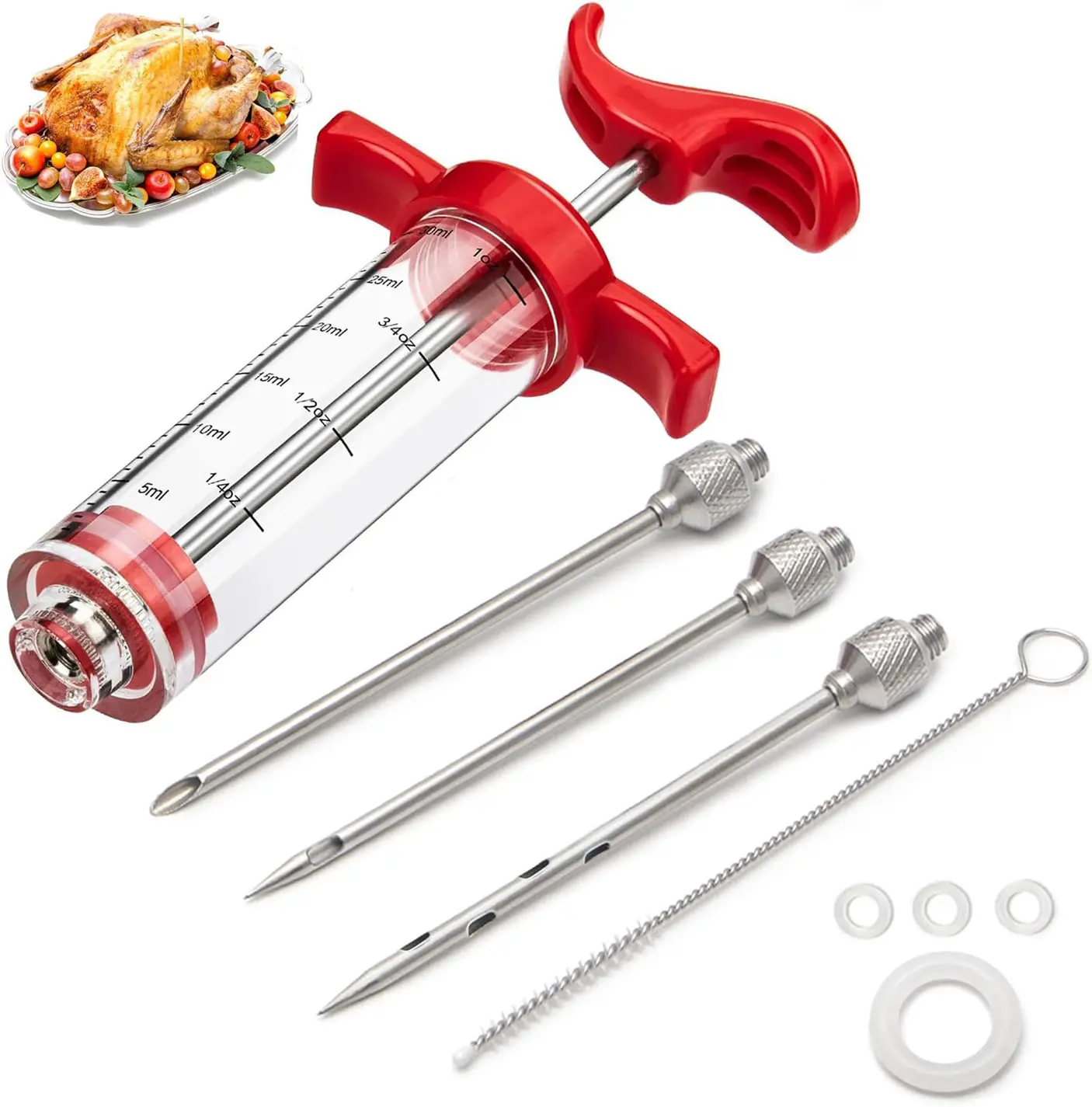 Compact Portable Thanksgiving Turkey Marinade Injector Kit - 1-oz Plastic Meat Injector Syringe Barbecue Accessories, Set Includes 3 Stainless Steel Multi-Hole Needles, 3 O-Rings, Cleaning Brush, 1-Hand Press for Easy Meat Prep, Ideal for BBQ & Roasts