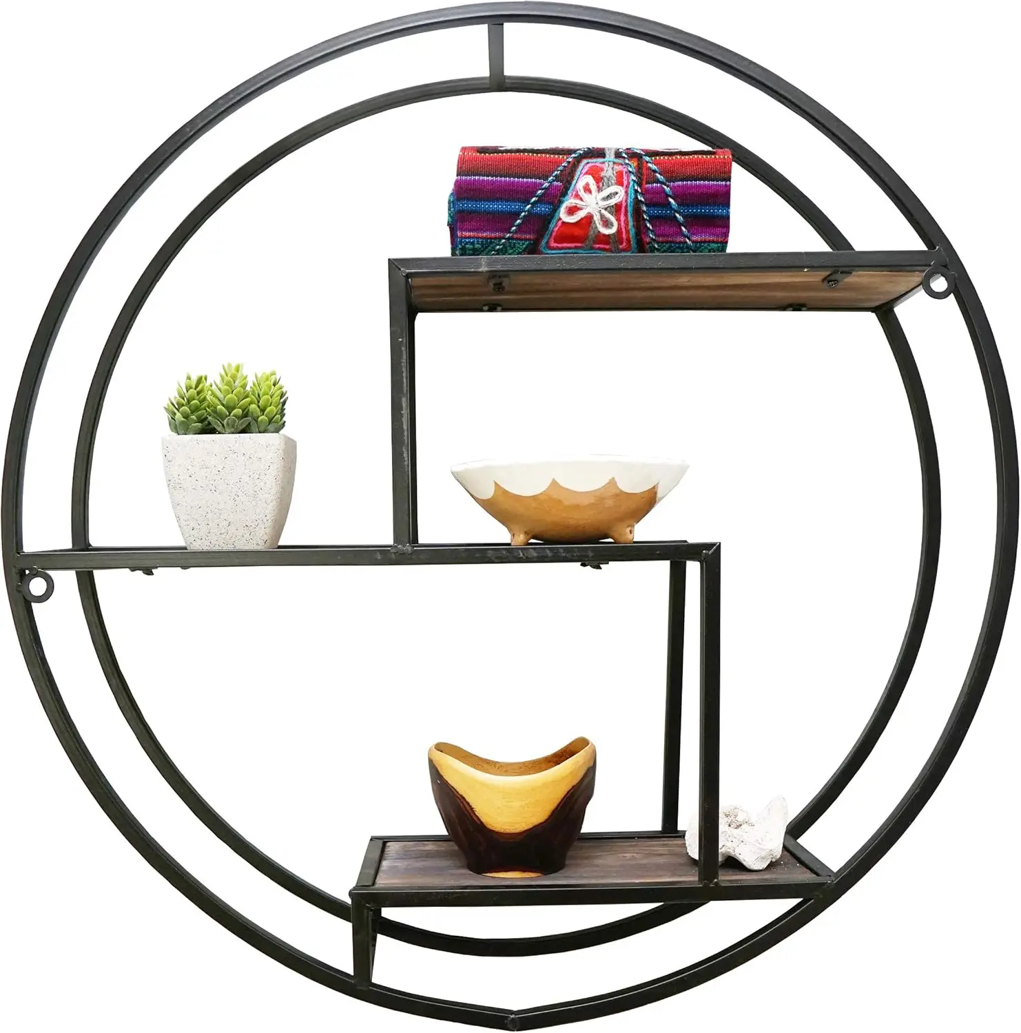 Admired By Nature, 23" Mounted Iron Circle Hanging Storage Shelving Floating Shelf 3 Tier Floating Circular Wall Decor Round Decorative Hanging Shelves, Sphere Shape Wall Shelf For Home, Black, 1 unit