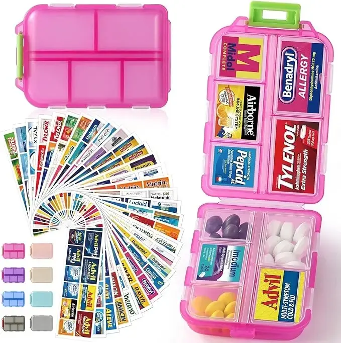 Travel Pill Organizer Box with 146 Labels, 10 Compartment Small Pill Case Medicine Kit, Portable Pocket Purse Pharmacy, Daily Weekly Vitamin Supplement Medication Holder