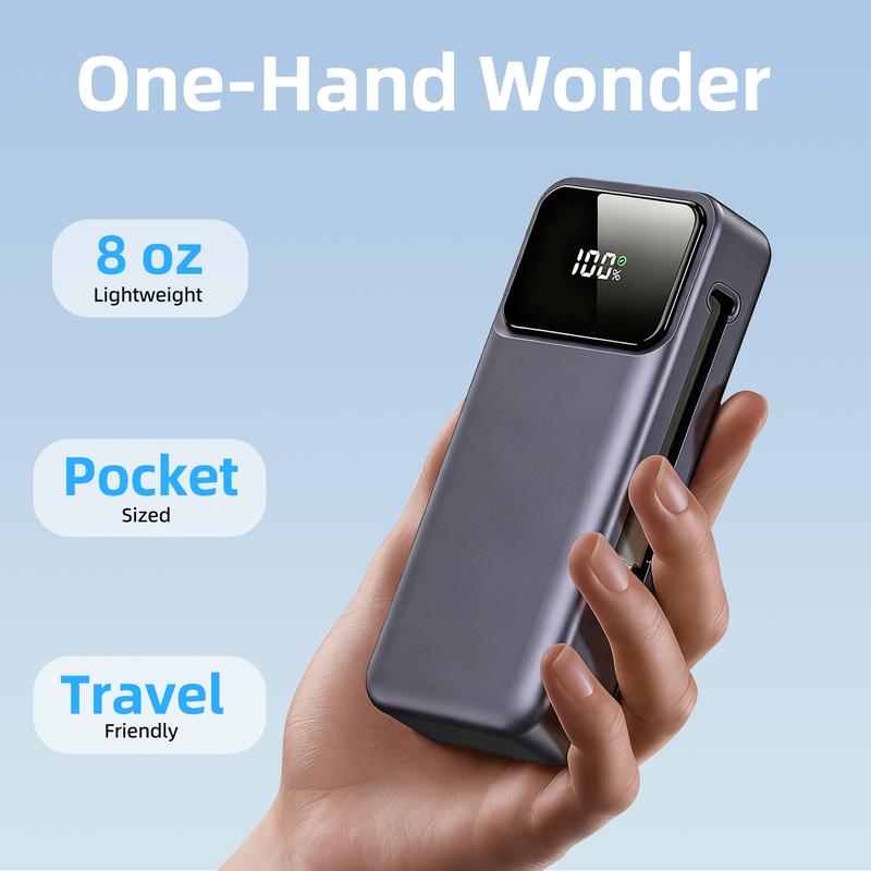 ONE LIFE Retractable-Cable Power Bank 10,000mAh 22.5W USB-C Fast Charging Dual Input/Output LED Display Compact Travel Charger for iPhone 16/15 & Samsung Galaxy Space Gray Digital
