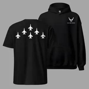 U.S. Air Force T Shirt and Hoodie, 2 Sides Fighter Jet Formation Graphic, Military Aviation Pilot Pride Design, USAF Veteran Tactical Streetwear Apparel