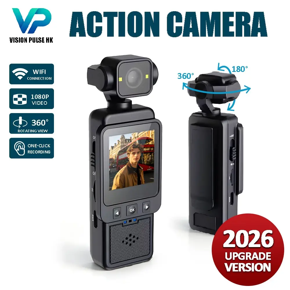 2026 WiFi Body Camera, Wireless Action Camera, Portable Vlogging Camera, Wearable Video Recorder with 360° Rotatable Lens, 1080P HD, IR Night Vision, Anti-Shake, One‑Button Control, Lightweight for Outdoor Sports Travel Vlogging, Support 64GB TF Card