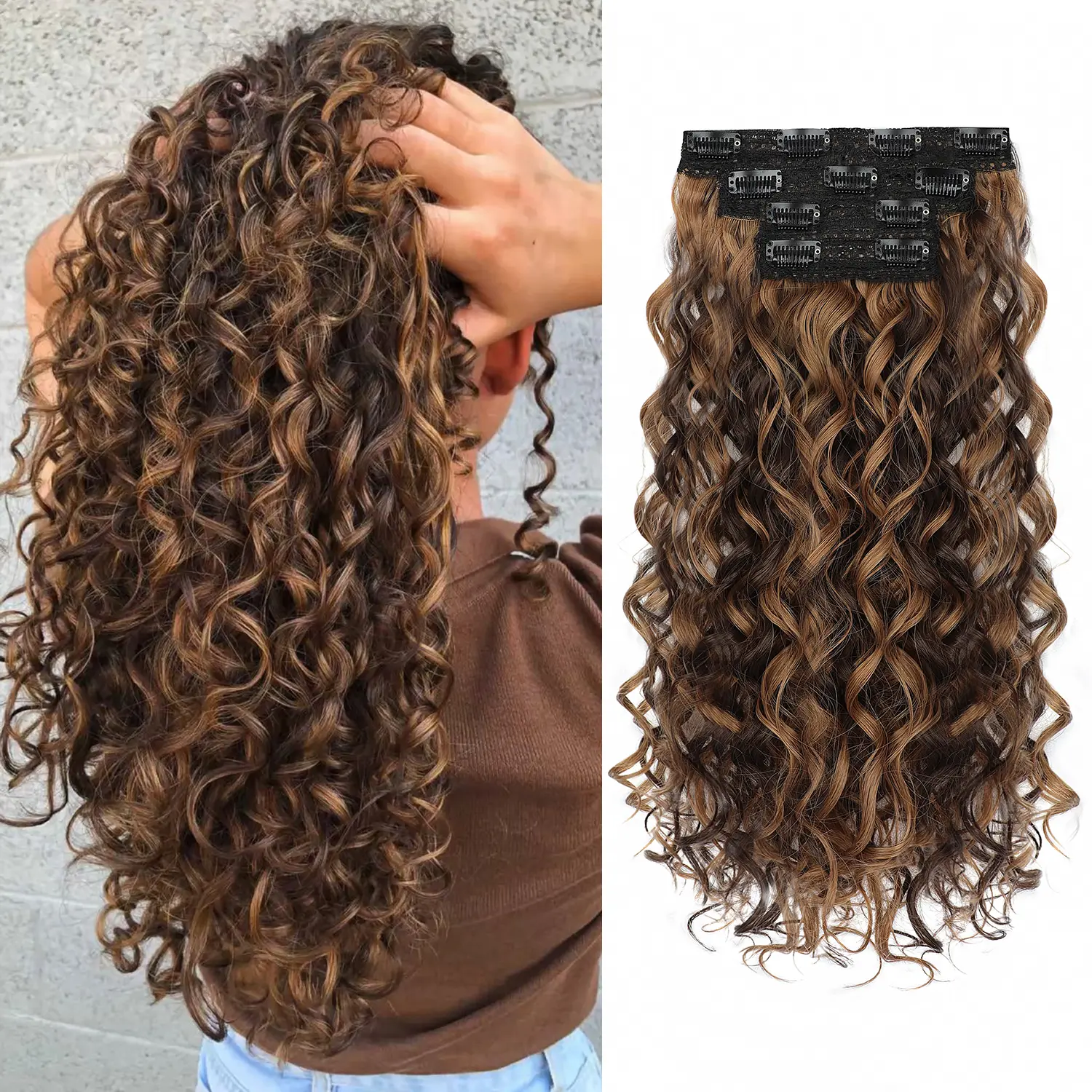 Women's Thick Curls Synthetic Clip-In Hair Extensions, 20-Inch 4-Piece Seamless Weft Hairpieces for Wedding, Everyday Wear Natural-Looking Volume