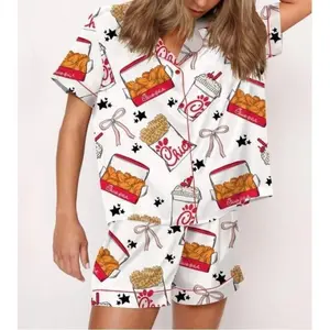 Women's Fried Chicken Print Shirt & Shorts Pyjama Two-piece Set, Casual Comfy Short Sleeve Collared Top & Shorts Pj Set, Ladies Sleepwear for All Seasons Loungewear Pajamas Womenswear Animals Breathable Button