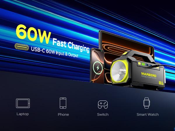 MARBERO 24,000mAh Power Bank with AC 100W Outlet (150W Surge) 88.8Wh Portable Power Station 4 Output Ports PD 60W USB-C Built-in High-lumens Flashlight for Hiking Camping Essentials Power Outage