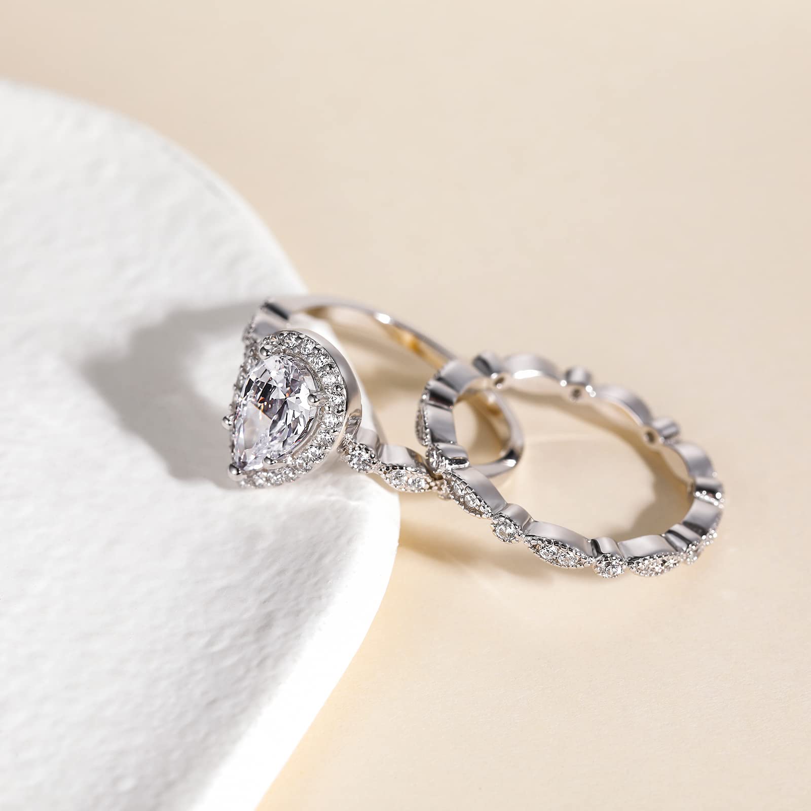 EAMTI 1.5CT 925 Sterling Silver Bridal Ring Sets Teardrop Cubic Zirconia Wedding Bands for Women