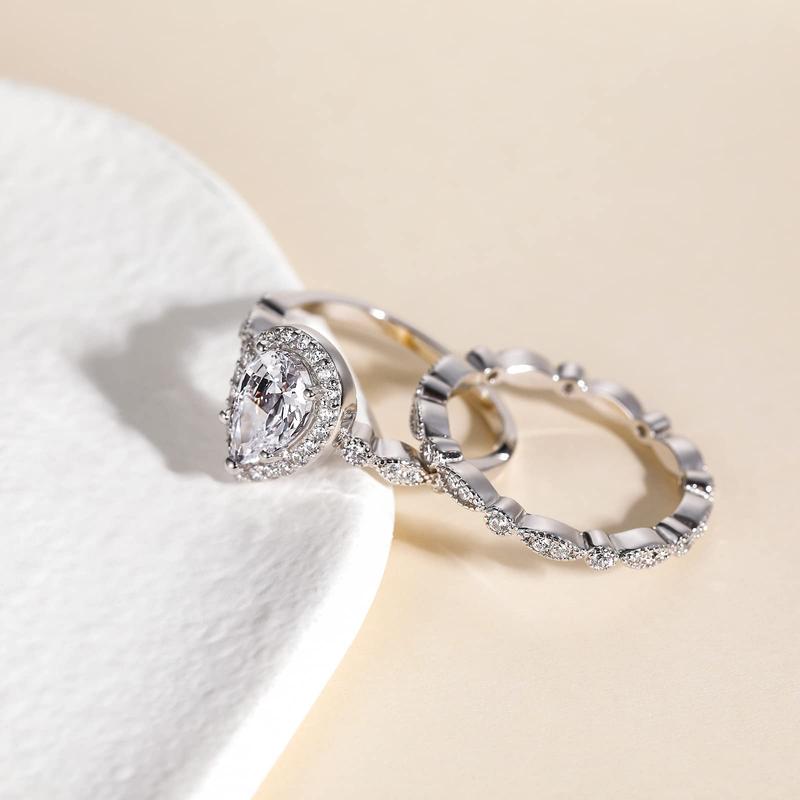 EAMTI 1.5CT 925 Sterling Silver Bridal Ring Sets Teardrop Cubic Zirconia Wedding Bands for Women