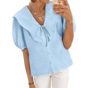 Cicy Bell Womens Peter Pan Collar Button Down Shirts Puff Short Sleeve Summer Casual Eyelet Tops Cotton Loose Fit Blouses