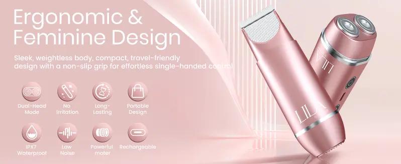 Akunbem 2 in 1 Women's Electric Shaver Dual Head Bikini Trimmer IPX7 Waterproof Wet Dry Use Body Hair Trimmer Facial Hair Remover for Bikini Underarm Leg Arm Body Face