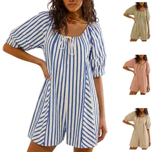 SCUSTY Womens Romper Casual Loose Puff Sleeve Wide Leg Striped Jumpsuit Overall with Pockets