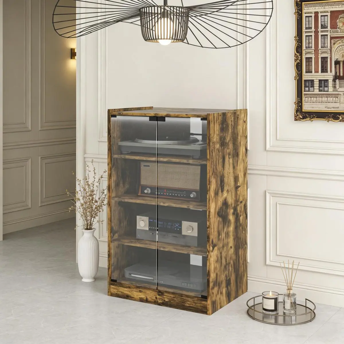 Freestanding Multi-Tiered PA Audio Equipment Media Rack Cabinet - Adjustable Indoor Sturdy Particleboard Wood Grain Single Unit Storage Cupboard with Tempered Glass, Cable Holes, Anti-Tipping Design, Manual Included, 21.25" w x 15.75" d x 35.75" h