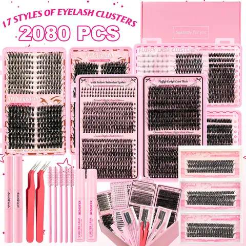 2080pcs Mix Lashes Clusters Kit Gift Packs with 2*Bond &Seal+2*tweezers+5*eyelash combs+2*Remove Volume Mega/Soft Extension False Eyelash   Individual Fake Eyelashes for Beginners Eyelashes Kit DlY at Home For Women Girl, Eyelash Extensions, Lash Clusters