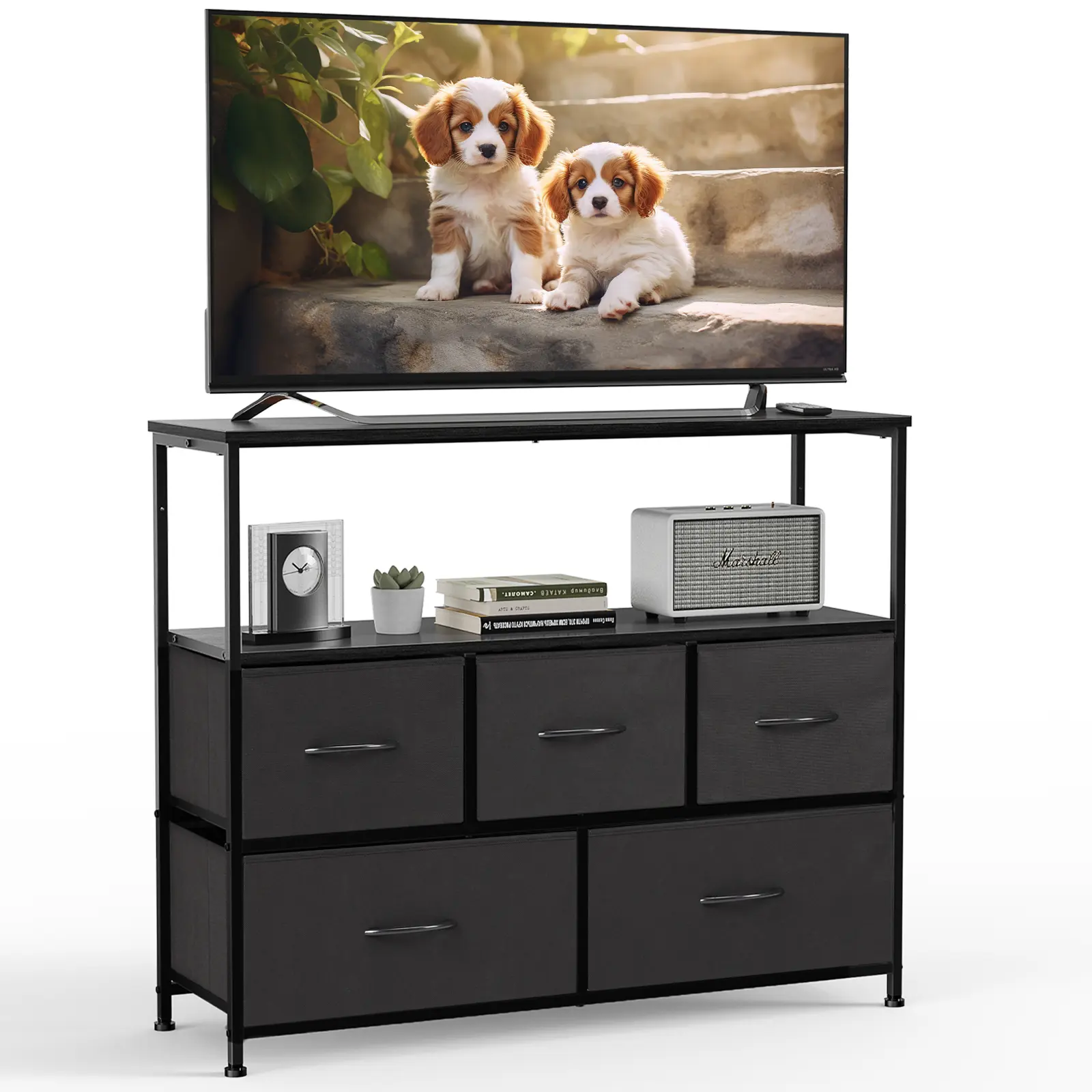 Modern TV Console with 5 Fabric Drawers - TV Bedroom Dresser, Entertainment Center with Open Storage Shelf for Bedroom, Man Cave Indoor Furniture, Tv Floor Stand, Tv Media Stand