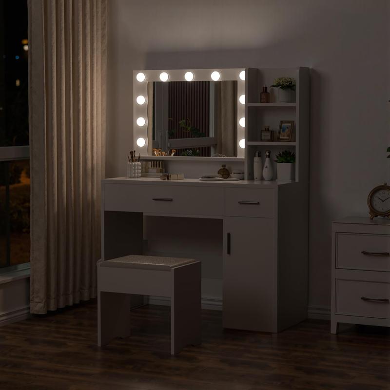 Kullavik Vanity Desk Set with Large Mirror and Storage Stool, Makeup Table with 3 Lighting , 2 Drawers, Cabinet and Open Shelves for Modern Bedroom, White