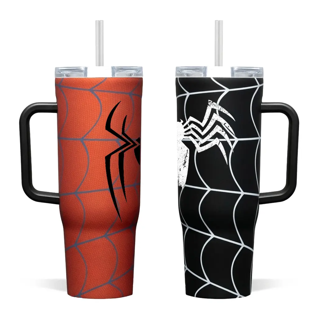 Sturdy Modern Stainless Steel Insulated Vacuum Flask Tumbler - Super Hero vs Dark Symbiote New Day Spidey Design, Reusable, with Handle, Straw, Lid, Insulation - Kitchenware Drinkware Gift for Racing Fans