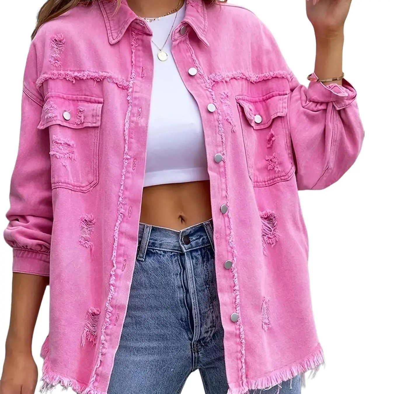 Women's Distressed Denim Long Sleeve Shirt, Casual Loose Fit Shacket, Comfortable Western Style with Button Details, Fabric, Coat, Soft, Hipster, Elegance, Longsleeves, Vintage, Tops, Polyester, Ripped, Lapel