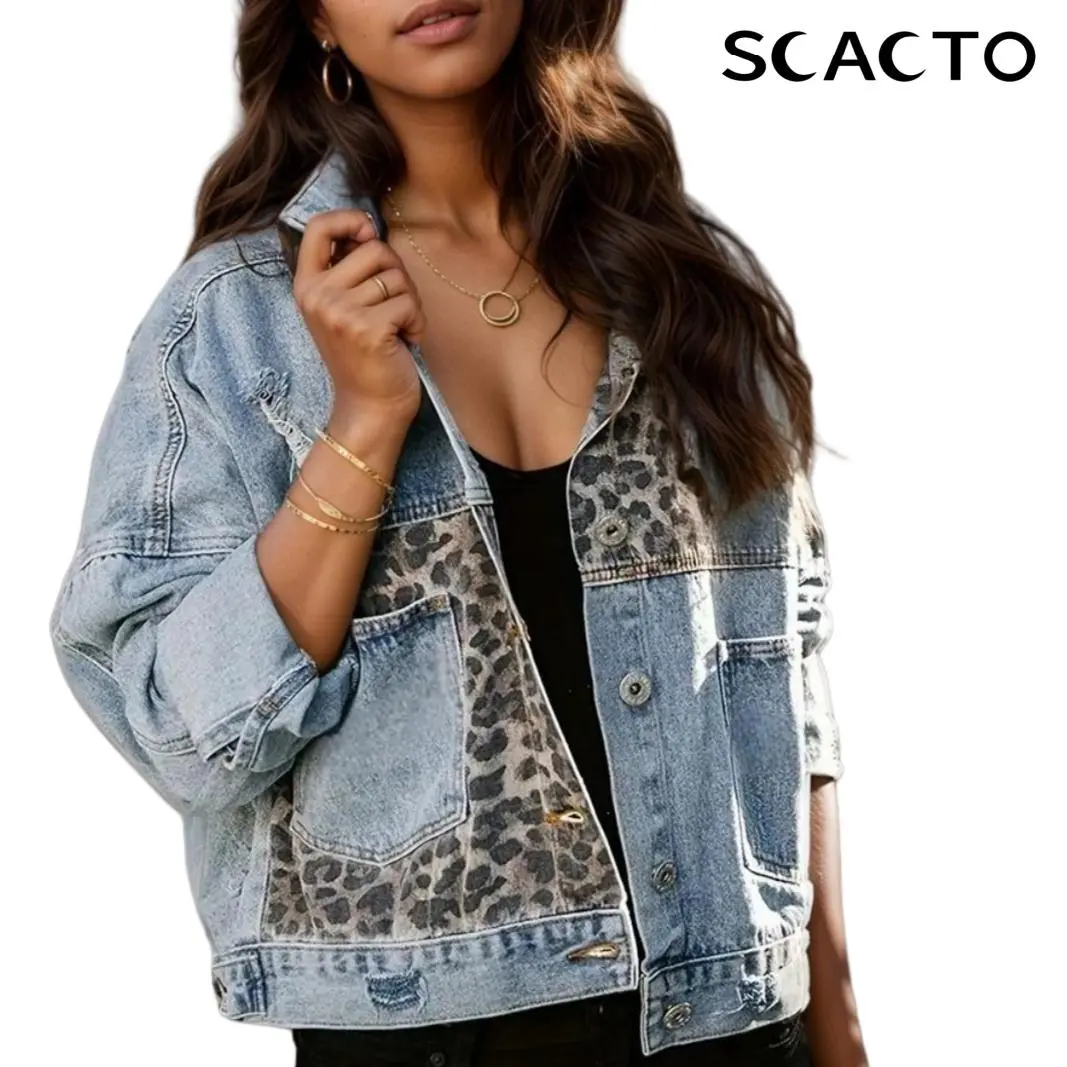 Scacto Women's Denim Jacket with Leopard Patch, Long Sleeve Coats for an Elevated Casual, Cool Girl Style,back to school,back to school shopping, Outerwear Womenswear Collared