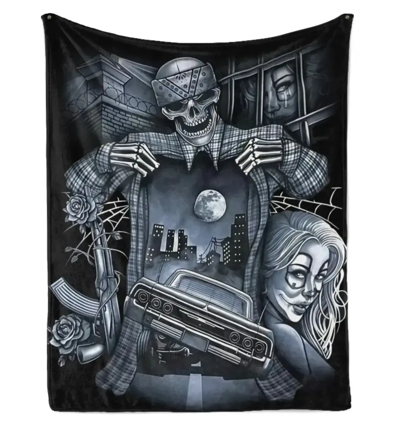Chicano Style Skeleton & Lowrider Flannel Throw Blanket, Ultra Soft Cozy Fleece Blanket with Urban Gang Art, All-Season Blanket for Man Cave & Bedroom Classic Anime Merchandise Cute Aesthetic Room Decor Cozy Bedding
