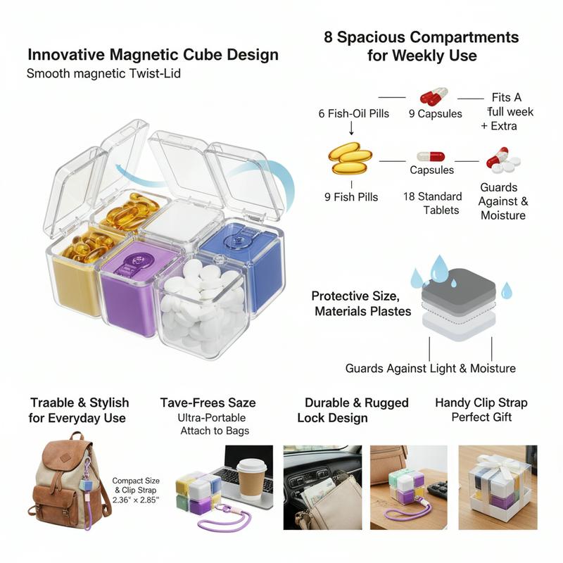 Weekly Pill Organizer 7 Day Travel Pill Case with Magnetic Closure Easy Open Portable Pill Box with 8 Compartments for Vitamins Medication Multicolor