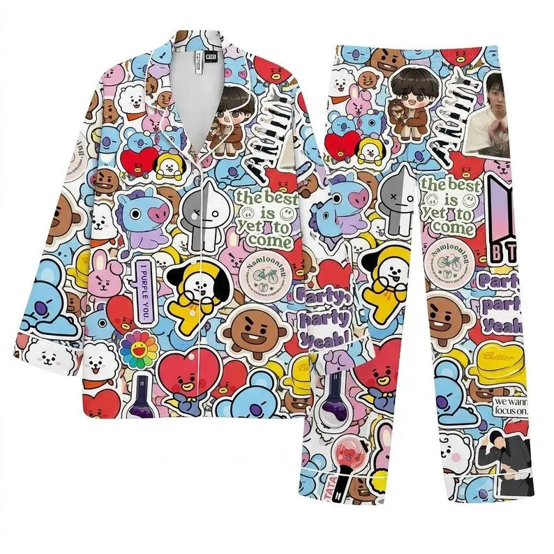 Women's BT21 Inspired Satin 2-Piece Pajama Set - Kpop Cartoon Silky Comfy Breathable Loungewear, Adjustable Elastic Drawstring Pants with Pocket, Elegant All-Season Nightwear Gift for Kpop Fans