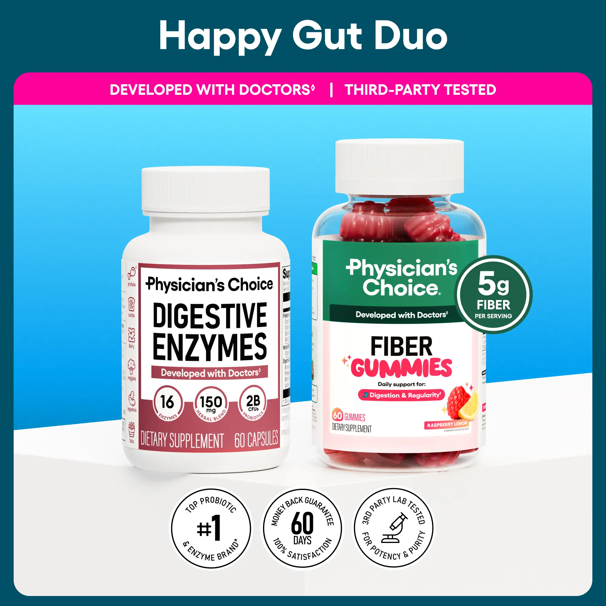 Physician's Choice Happy Gut Duo: Daily Regularity, Digestion, Bloating & Mealtime Support with Fiber Gummies + Digestive Enzymes