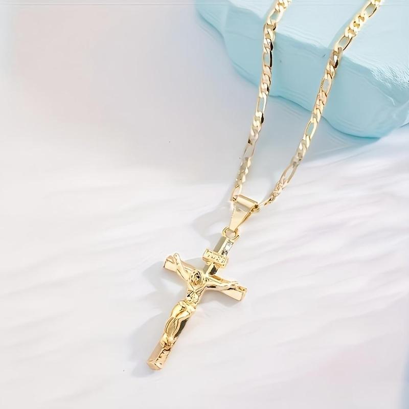 Men's Vintage 14K Gold Plated Jesus Cross Necklace, Smooth & Sturdy Chain, Versatile Religious Jewelry for Daily Wear, Parties & Gifting