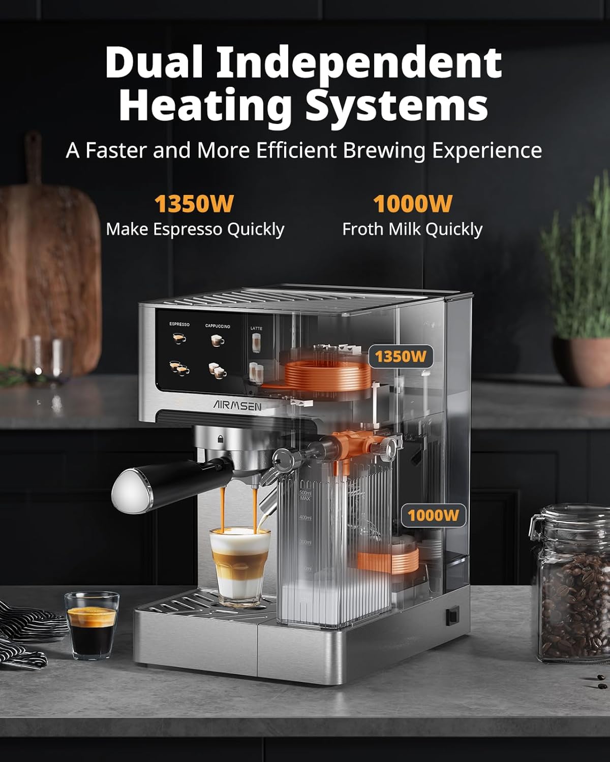 AIRMSEN Automatic All-in-One Coffee Maker, One-Touch Latte Art, Programmable Recipes,Commercial Grade Combo 3-in-1 (Cappuccino/Espresso/Latte) Home&Office 1.8L Large Water Tank,1350w&1000w,Indoor Semi-automatic