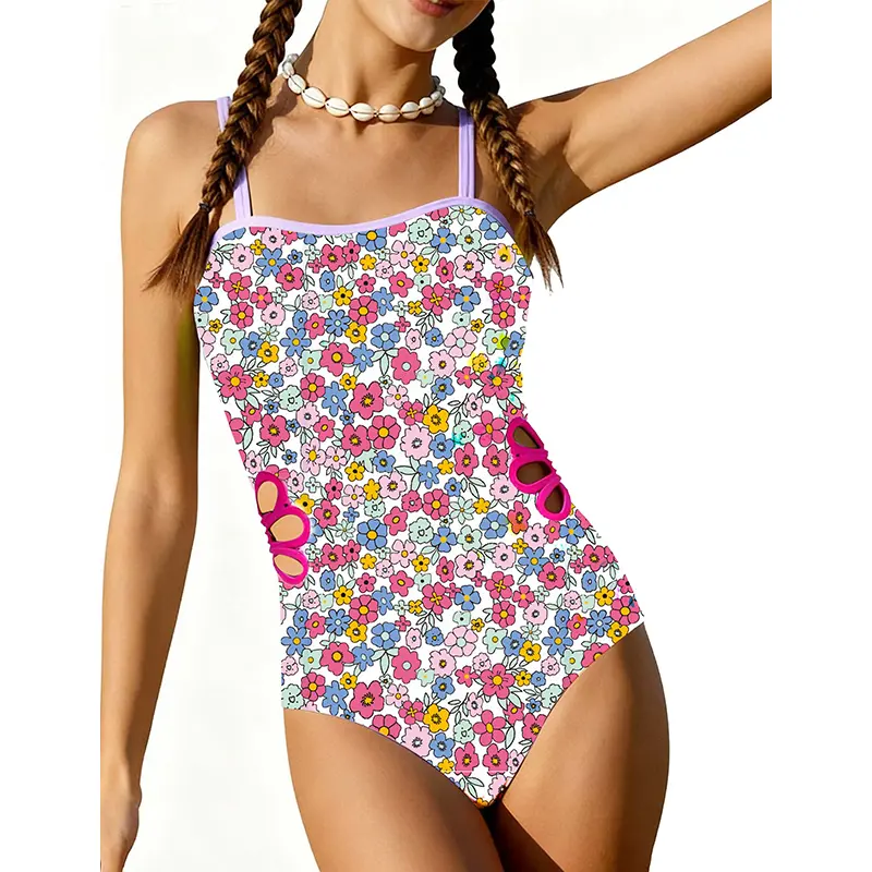 Girls One-Piece Swimsuits Cut Out Crew Neck Adjustable Straps with Padding Bathing Girls Swimwear 9-16 Years