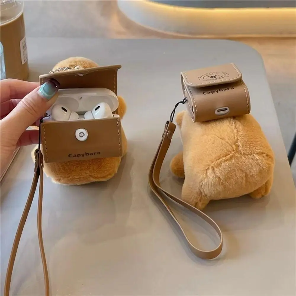 Cute Capybara Earphone Bag Plush with Lanyard Bluetooth Earbuds Case Cartoon Gift Keychain for Airpods 1/2/3/4/Pro/Pro2 Gift