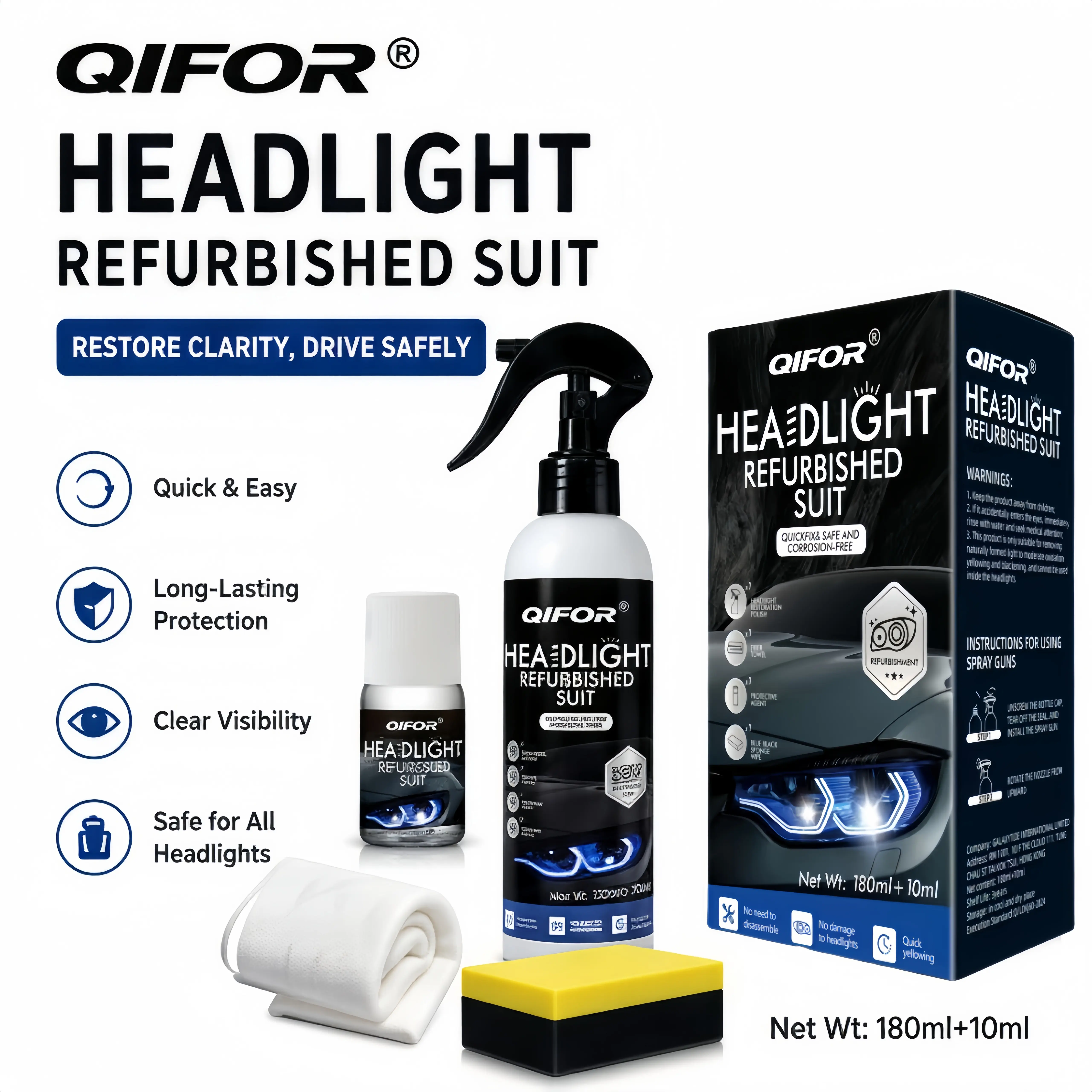 QIFOR Headlight Cleaning Kit, Crystal Coating Solution for Car Headlights (Prevents Yellowing), No Polishing Required, Spray-On Cleaning, Headlight Restoration Solution, Car Maintenance, Car Detailing, Car Restoration.