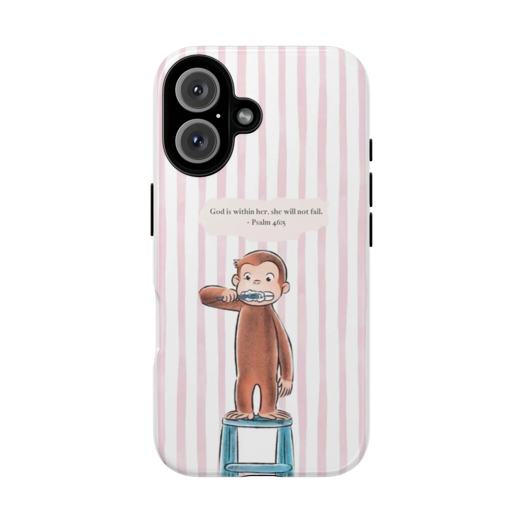 PORODO Curious George Patterned Cellphone Case - Pink Stripe, Bible Verse Faith & Fun Monkey Design, Shockproof Waterproof TPU Casing, Portable Mobile Accessory, Gift Item for Phone Accessories Enthusiasts, Protection