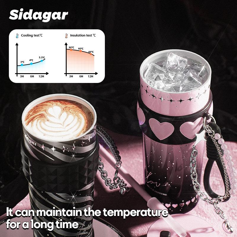 [Sidagar] Water Bottle For Valentine's Day Tumbler Cup, Heart Band Drinkware With Bracelet Charm, 316L Stainless Steel with Ceramic-Coated Interior Coffee Cups, Leak-Proof Straw Lid, Portable Flask, Fits Car Cup Holder, Women Gifts Boy Gifts24oz