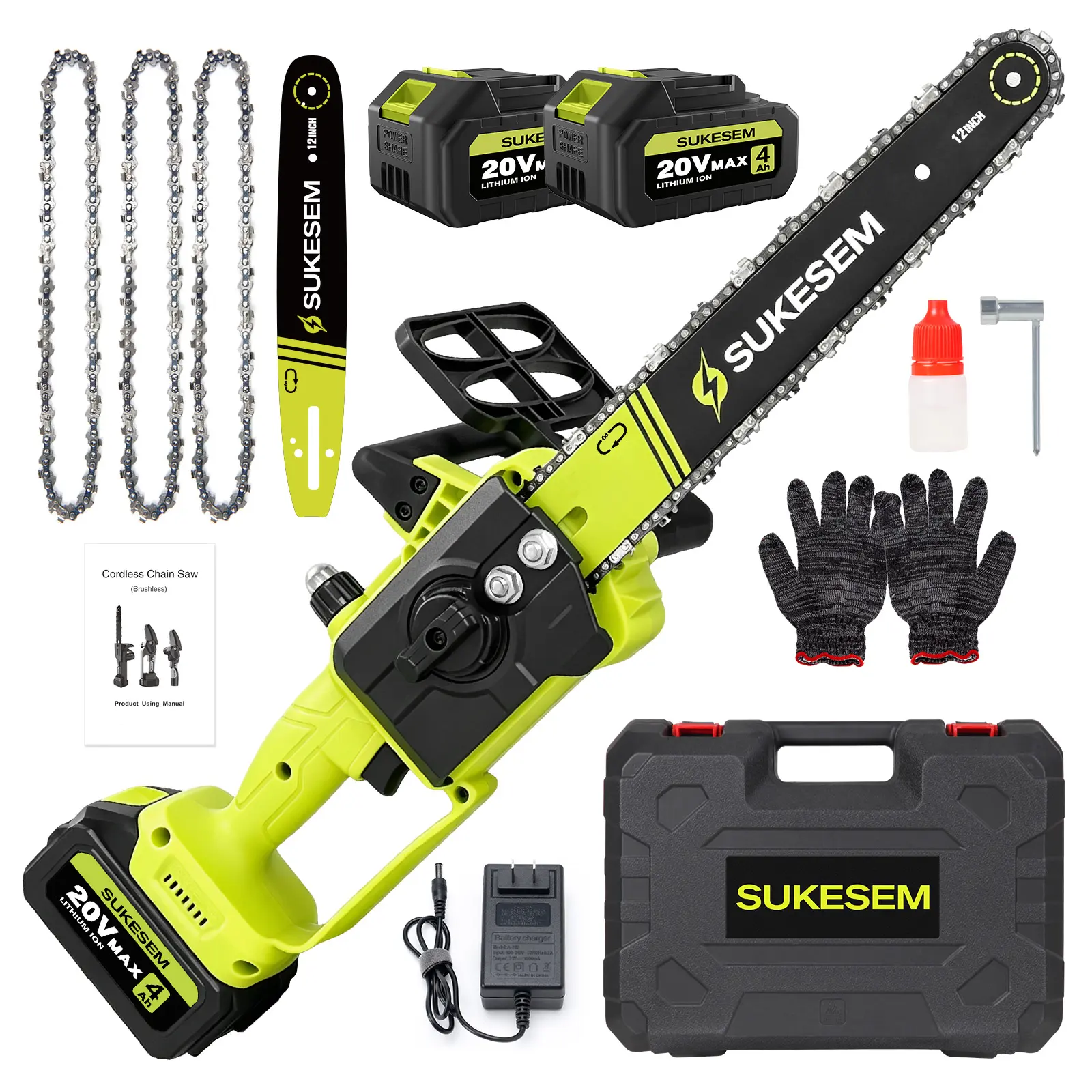 SUKESEM 12-Inch Cordless Mini Powerful Chainsaw with Plastic Body, 4.0Ah Lithium Battery & Charger, Tool-Free Chain Tightening, Auto Lubrication, Handheld Grip Wood Cutting Tool for Tree Pruning