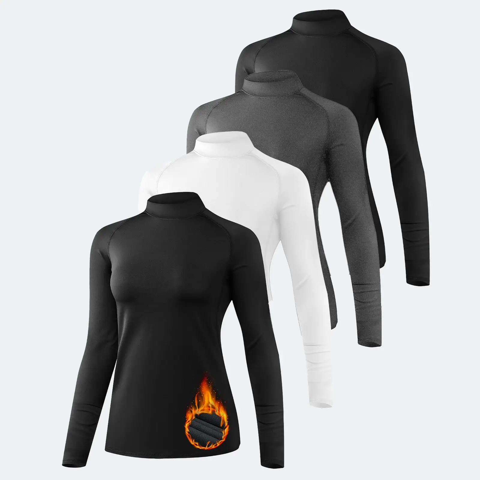 Women's 4-Pack Thermal Long Sleeve Turtleneck Shirts, Fleece-Lined Compression Base Layer Basics for Cold Days, Stylish Elegant Fit Winter Wear