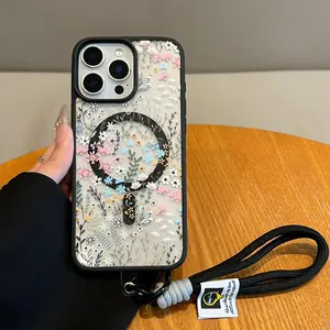 Aesthetic Floral MagSafe Phone Case for iPhone 17 15 16 14 Pro Max 13 12 Plus Samsung Galaxy S25 S24 S23 , Magnetic Wireless Charging Compatible，Fresh floral pattern，Ultra-thin and portable Portable lanyard,Perfect Gift for Her/Him.HY73
