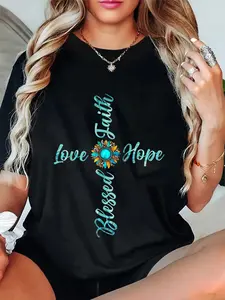 100% Cotton Unisex Jesus Faith Hope Love Sunflower Leopard Christian Women T-Shirt Christ Christian Tops