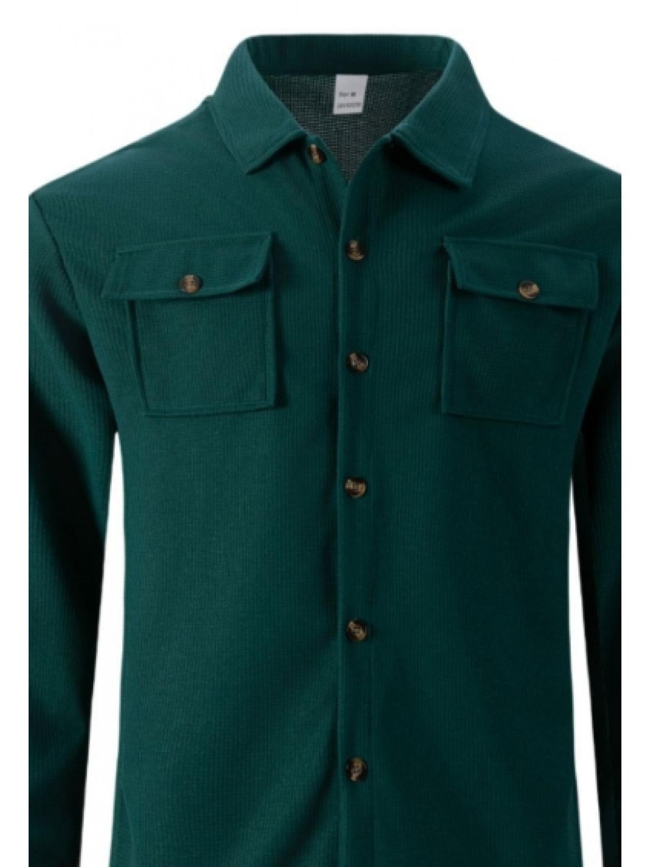 Autumn New Waffle Long Sleeved Pants Two-Piece Set Solid Color Double Pocket Button Up Cardigan Shirt Set for Men