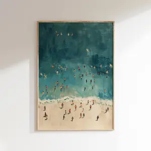 Tiny People Swimming Print, Abstract Coastal Wall Art, Trendy Summer Poster