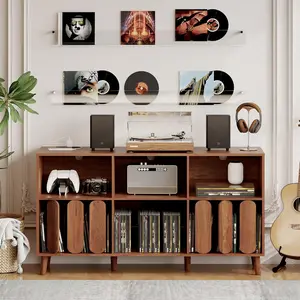 55 in Large Record Player Stand with Charging Station Vinyl Record Storage Cabinet with 2 USB Ports, Open Shelves & Turntable Holder, Mid-Century Modern Wood TV Media Console for Living Room