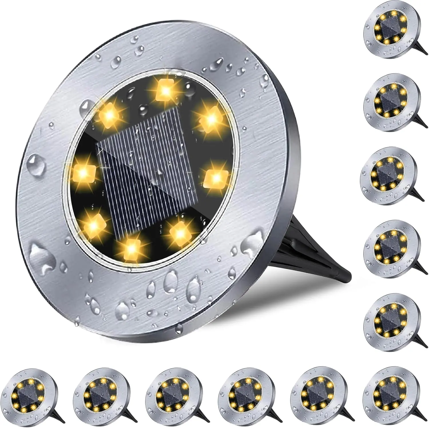 Solar In-Ground Lights Outdoor IP65 Waterproof, 8 LED Warm White Solar Ground Disk Lights Auto On/Off, Heavy Duty Walkable Landscape Pathway Lights for Yard Lawn Patio Driveway Garden Decor
