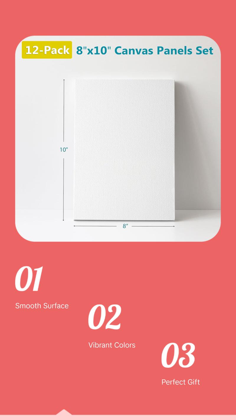 Canvases for Painting - 8x10 12 Pack Art Paint Canvas Panels Set Boards - 100% Cotton Primed Painting Supplies for Acrylic, Oil, & Watercolor Paint