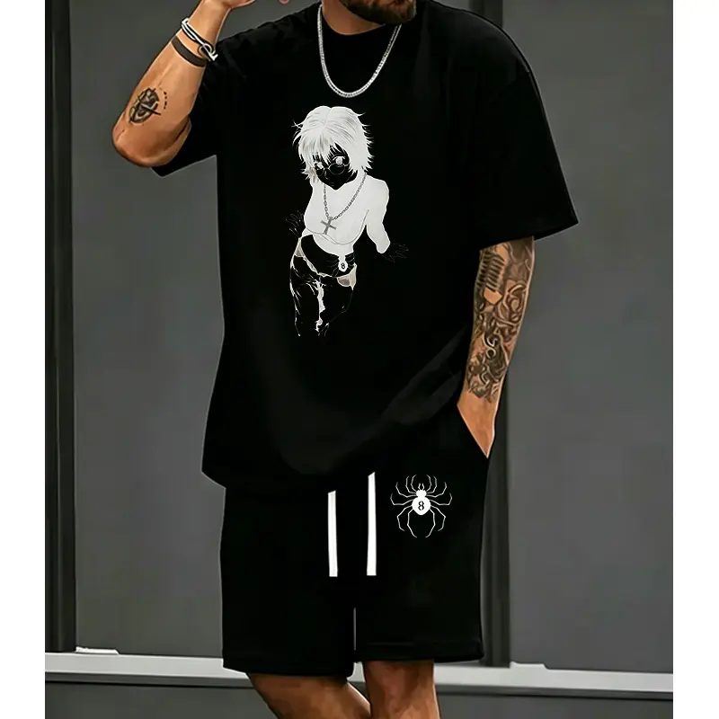 Men's 100% Cotton Fashion Clothes Set - Hunter X Hunter Shizuku Double-Printed Vintage Unisex Oversize Heavyweight T-Shirt & Shorts, Breathable Outfits for Anime Fans