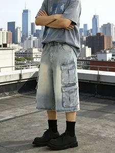 SRETOUU Men's Summer Vintage Multi-Pocket Loose Fit Denim Cargo Shorts Blue Cotton Relaxed Fit Menswear Beige